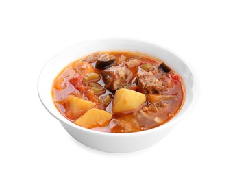 Photo of Delicious stew with vegetables in bowl isolated on white