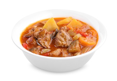 Photo of Delicious stew with vegetables in bowl isolated on white