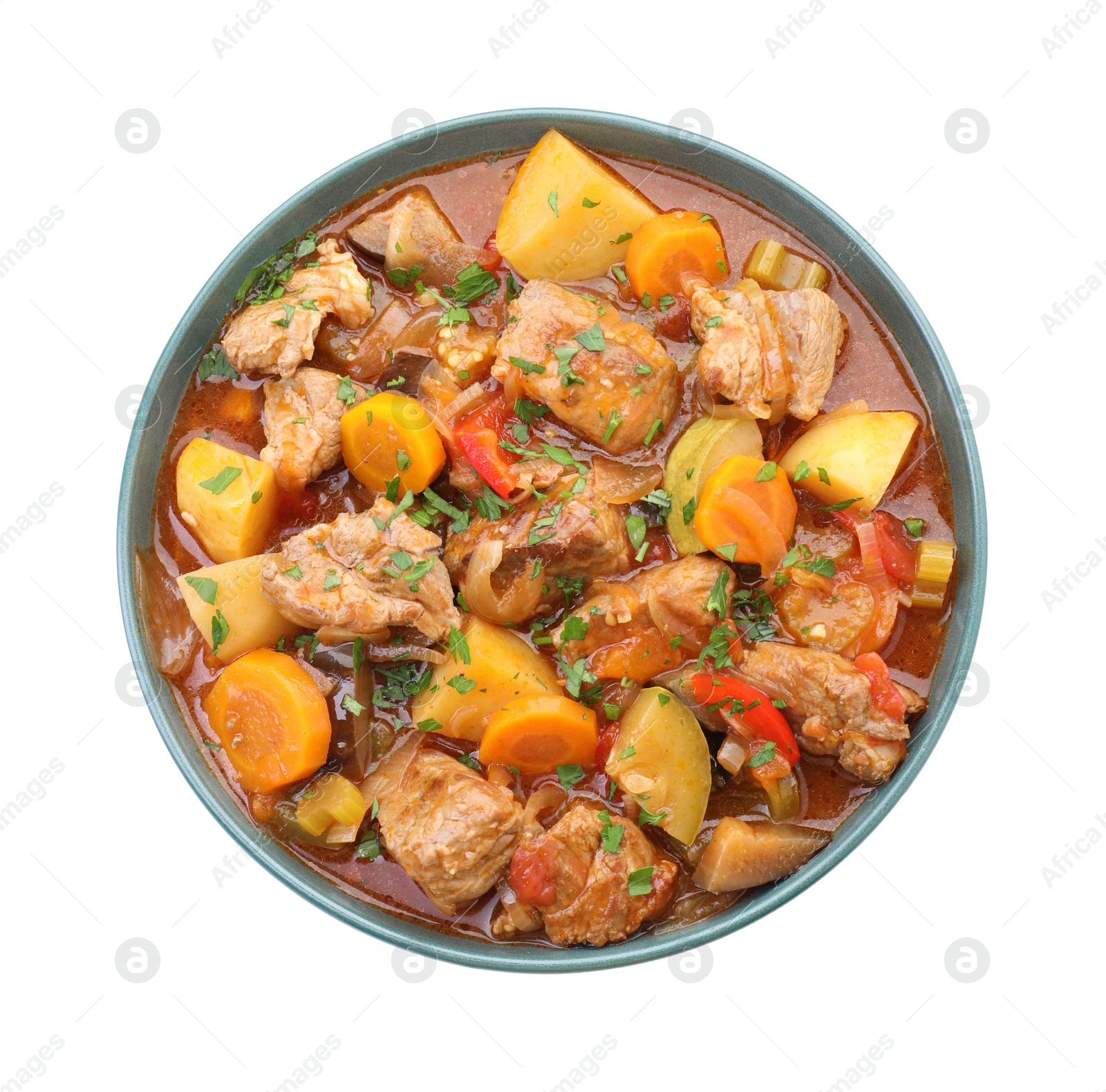 Photo of Delicious stew with vegetables isolated on white, top view