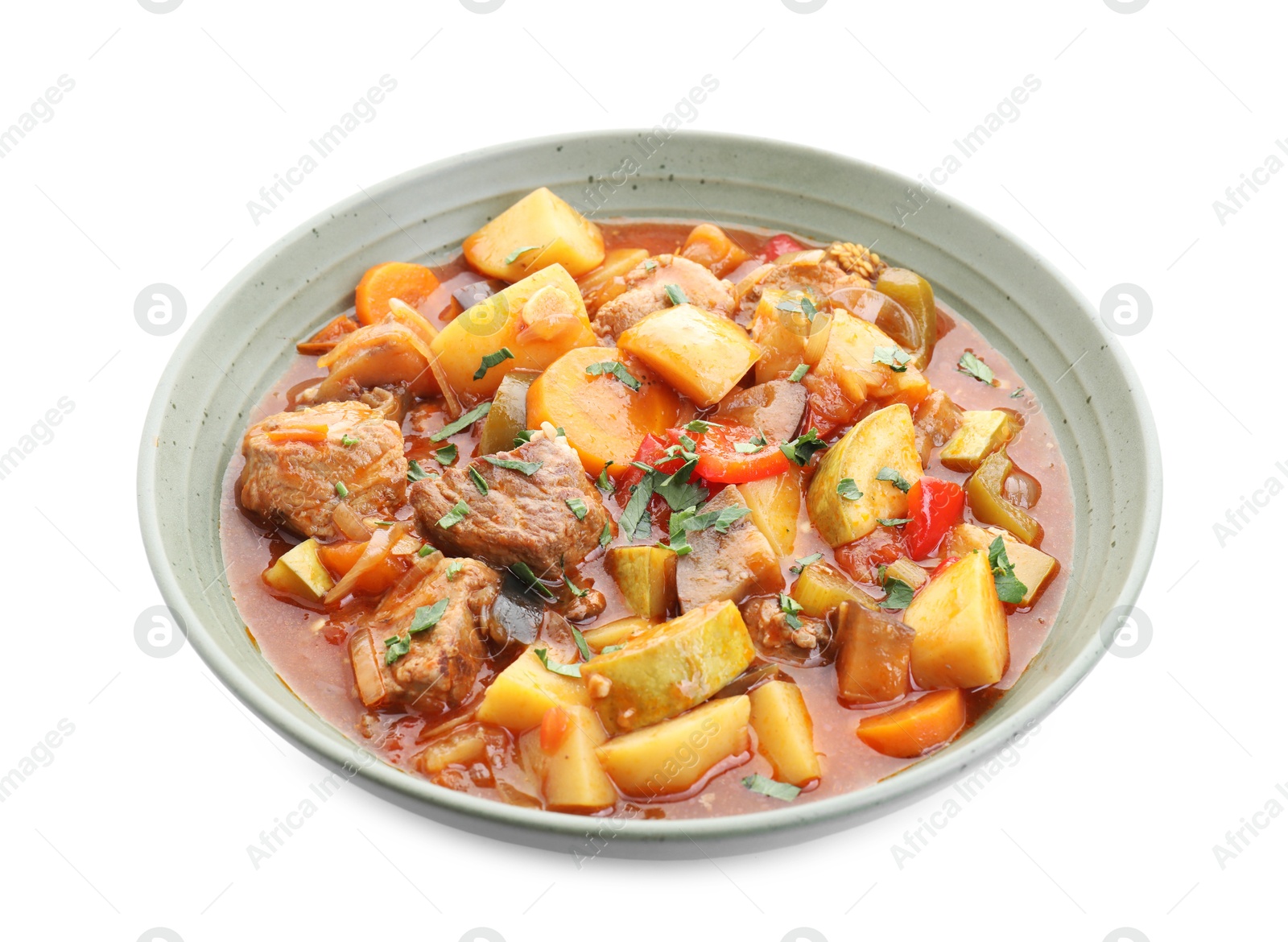 Photo of Delicious stew with vegetables in bowl isolated on white