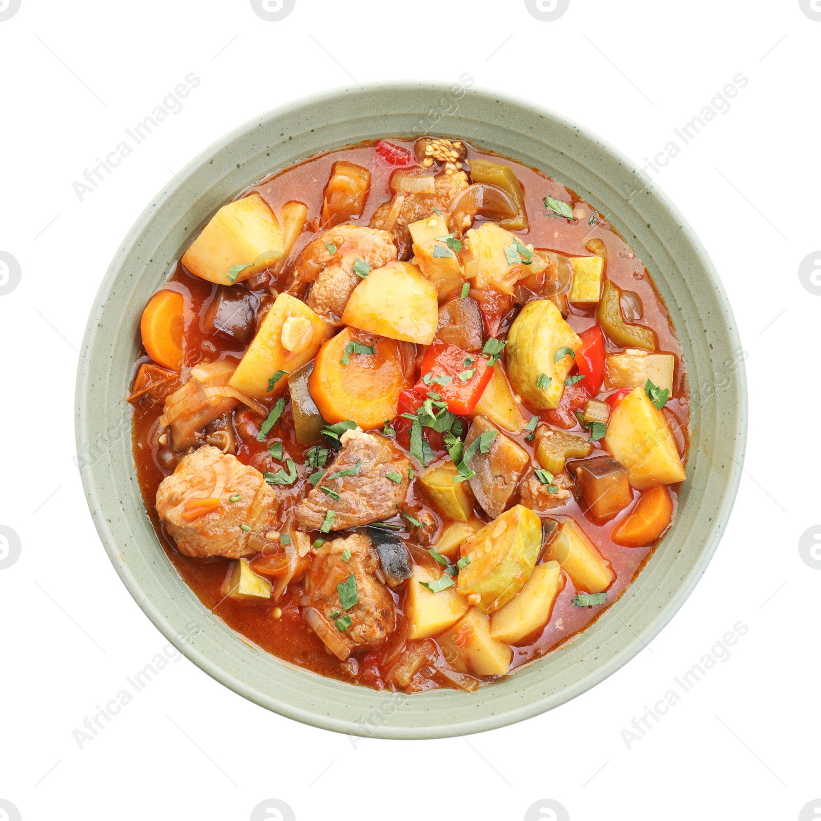 Photo of Delicious stew with vegetables in bowl isolated on white, top view