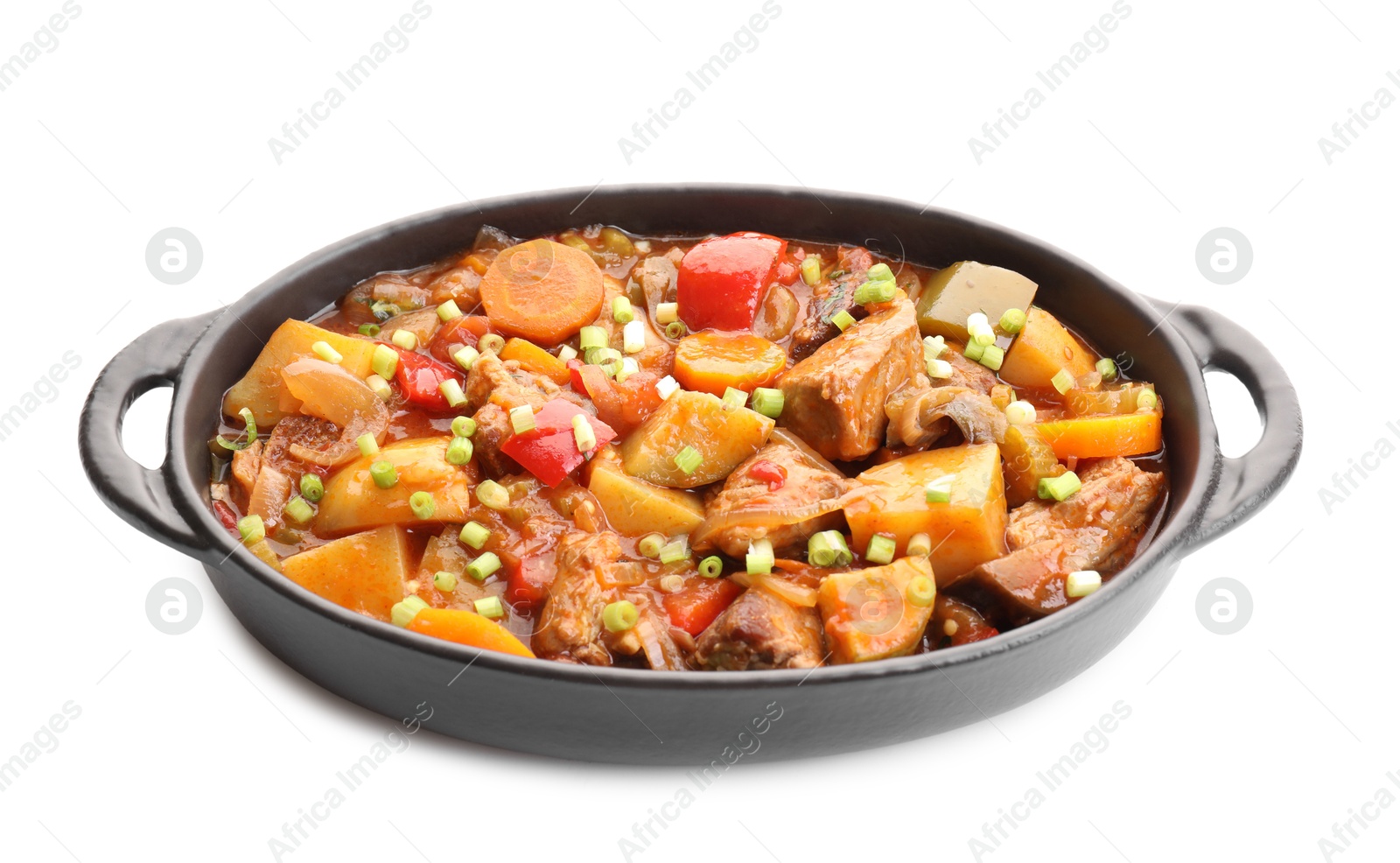 Photo of Delicious stew with vegetables in baking dish isolated on white