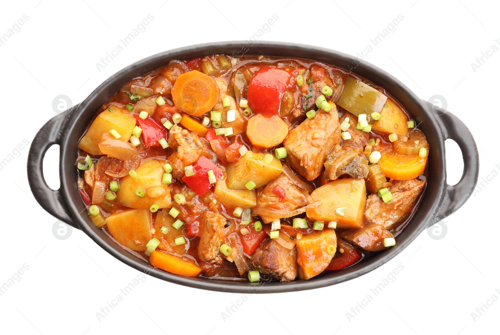 Photo of Delicious stew with vegetables in baking dish isolated on white, top view