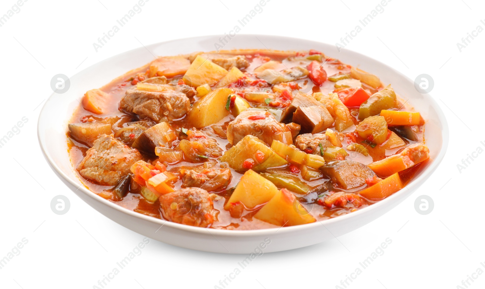 Photo of Delicious stew with vegetables in bowl isolated on white