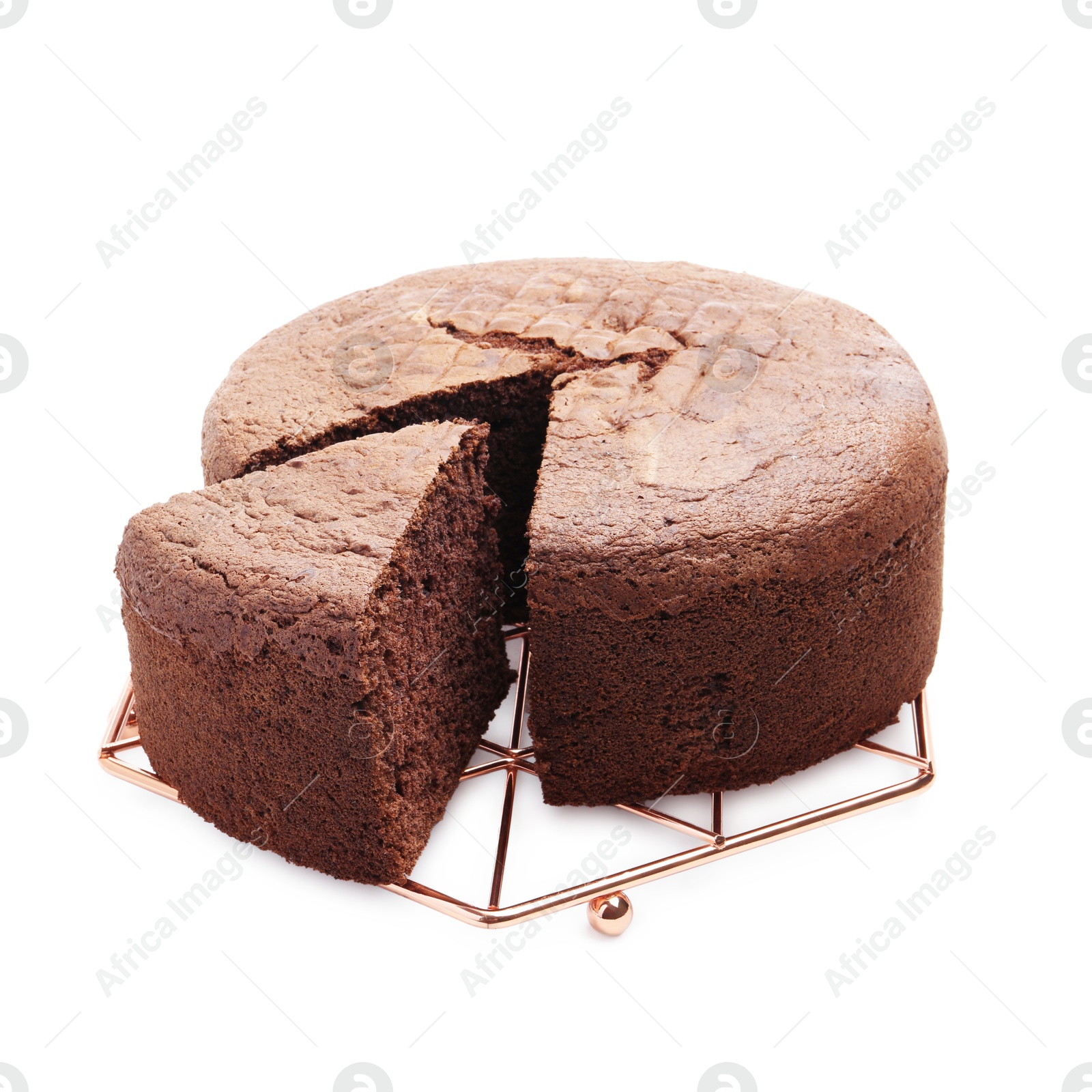 Photo of Cut chocolate sponge cake isolated on white