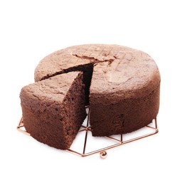 Photo of Cut chocolate sponge cake isolated on white