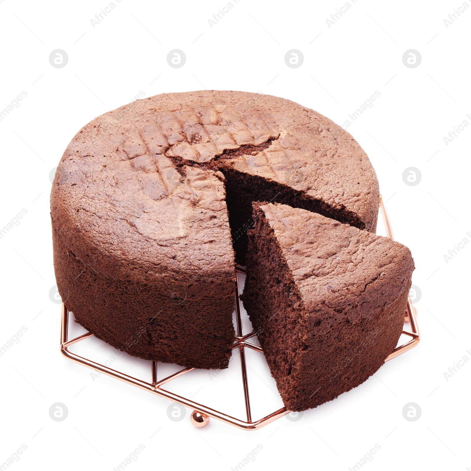 Photo of Cut chocolate sponge cake isolated on white