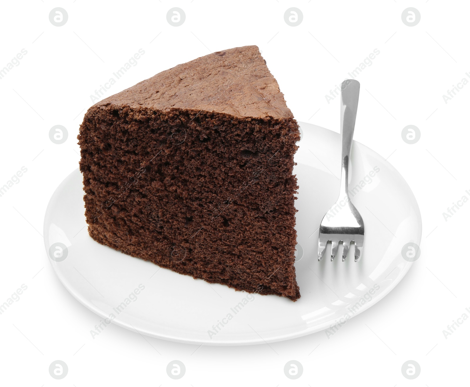 Photo of Plate with piece of chocolate sponge cake and fork isolated on white