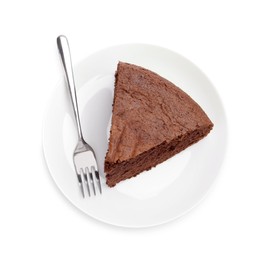 Photo of Plate with piece of chocolate sponge cake and fork isolated on white, top view