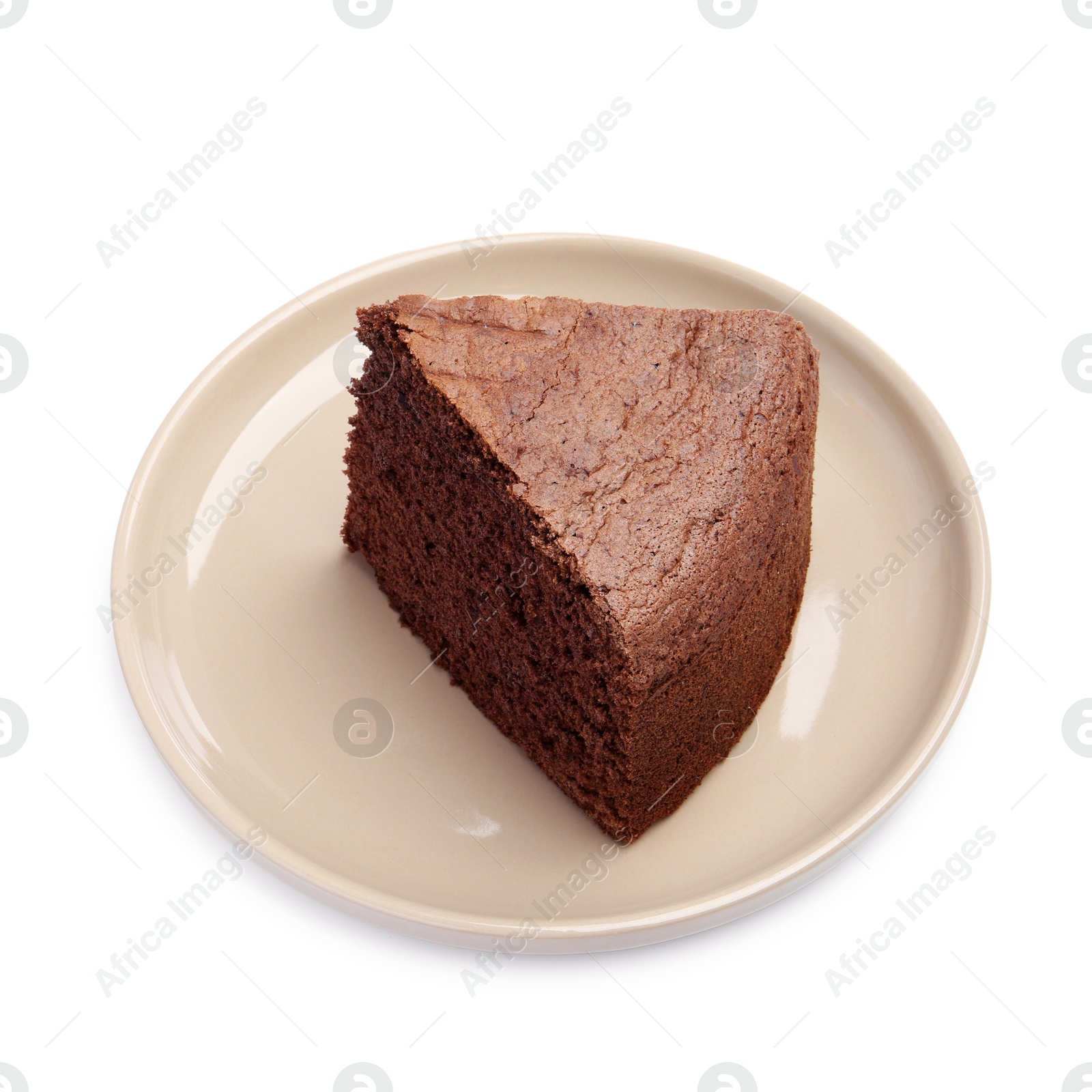 Photo of Plate with piece of chocolate sponge cake isolated on white