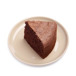 Photo of Plate with piece of chocolate sponge cake isolated on white