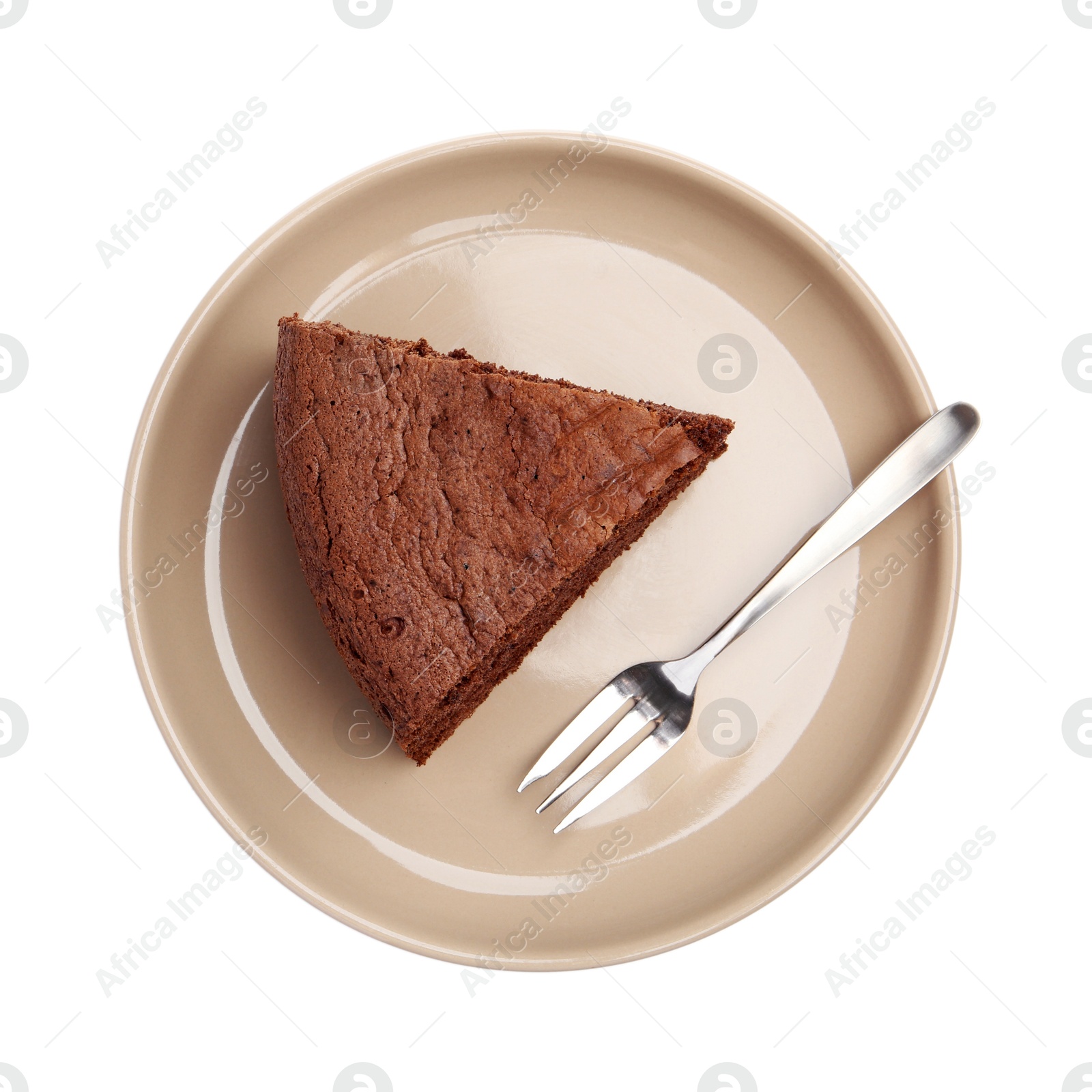 Photo of Plate with piece of chocolate sponge cake and fork isolated on white, top view