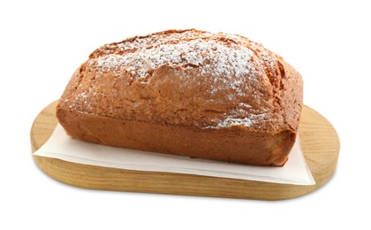 Photo of One tasty sponge cake with powdered sugar isolated on white