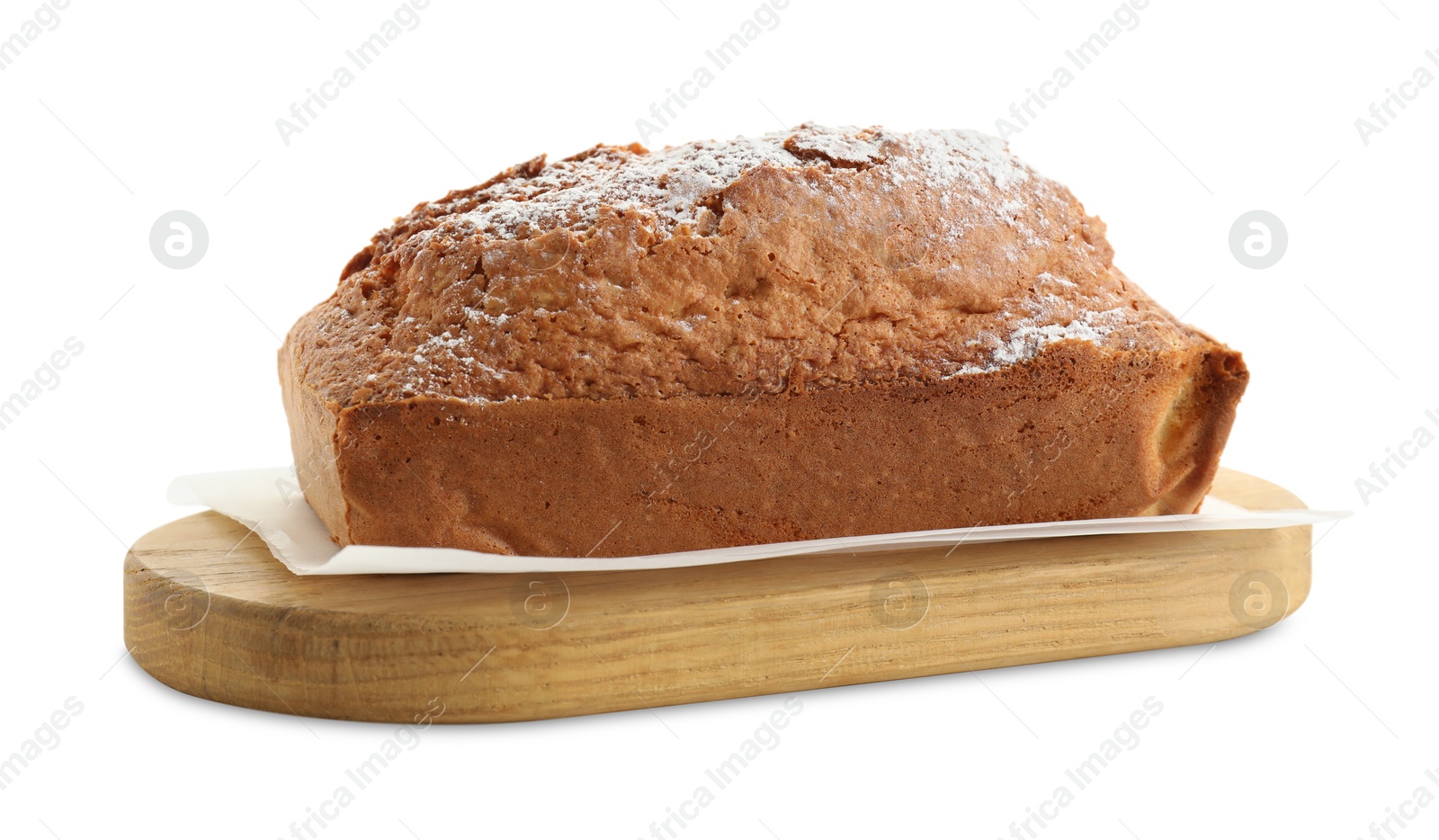 Photo of One tasty sponge cake with powdered sugar isolated on white