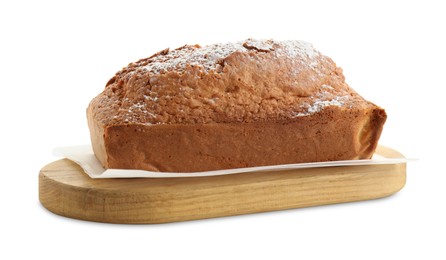 Photo of One tasty sponge cake with powdered sugar isolated on white