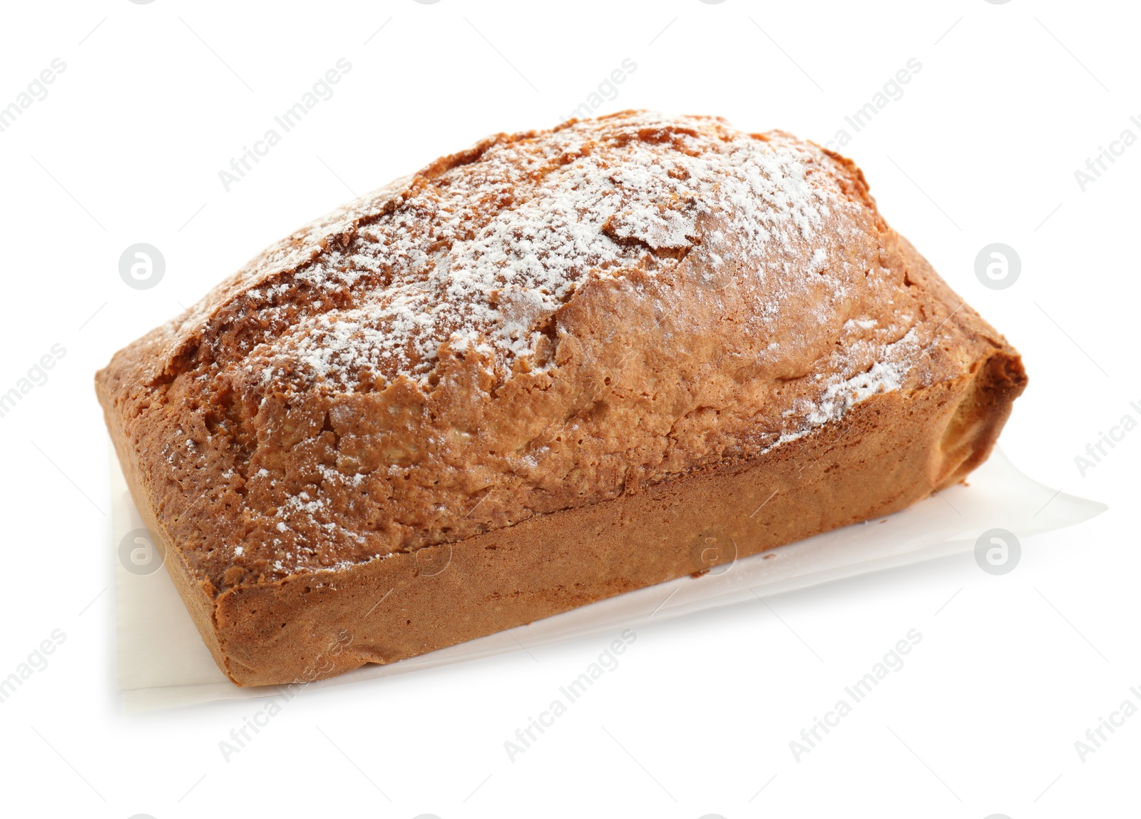 Photo of One tasty sponge cake with powdered sugar isolated on white