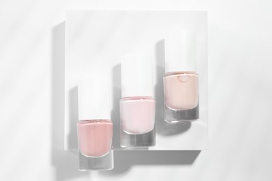 Photo of Nail polishes in bottles on white background, flat lay