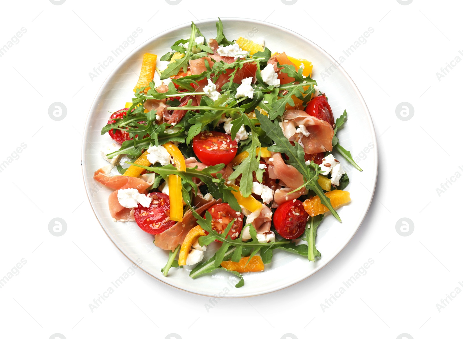 Photo of Tasty salad with arugula, cheese and vegetables isolated on white, top view