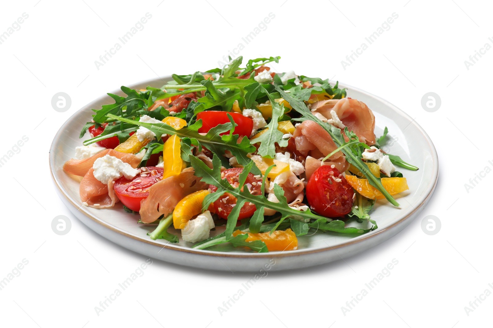 Photo of Tasty salad with arugula, cheese and vegetables isolated on white