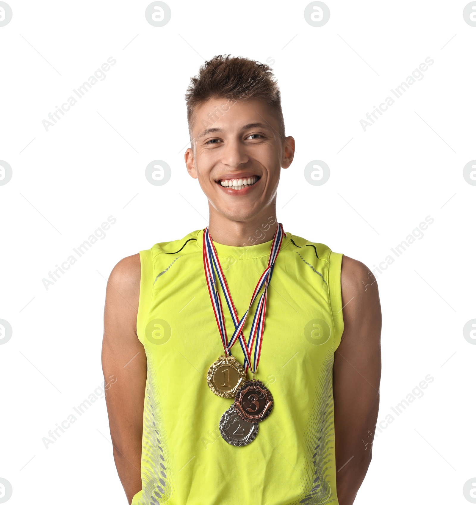 Photo of Happy winner with different medals on white background