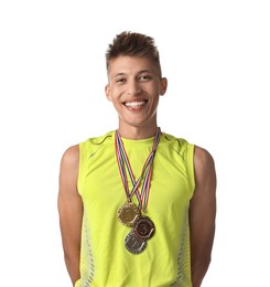 Photo of Happy winner with different medals on white background