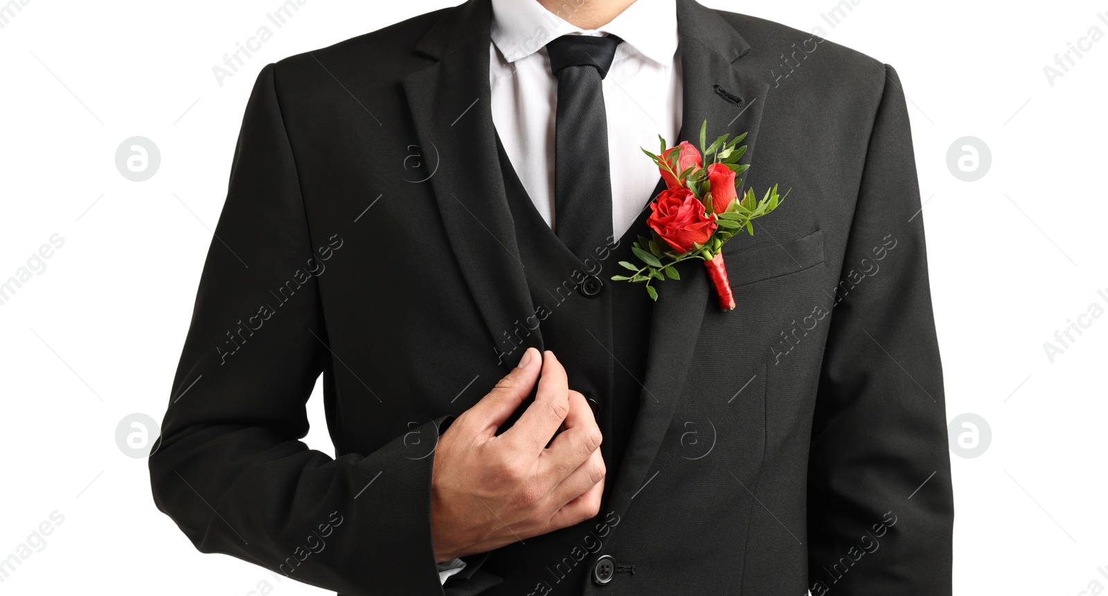 Photo of Groom in suit with stylish boutonniere on white background, closeup