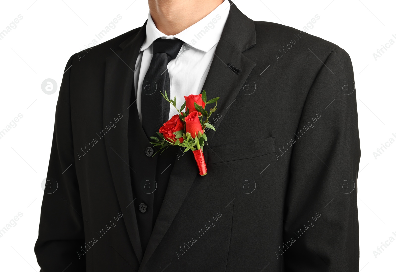 Photo of Groom in suit with stylish boutonniere on white background, closeup