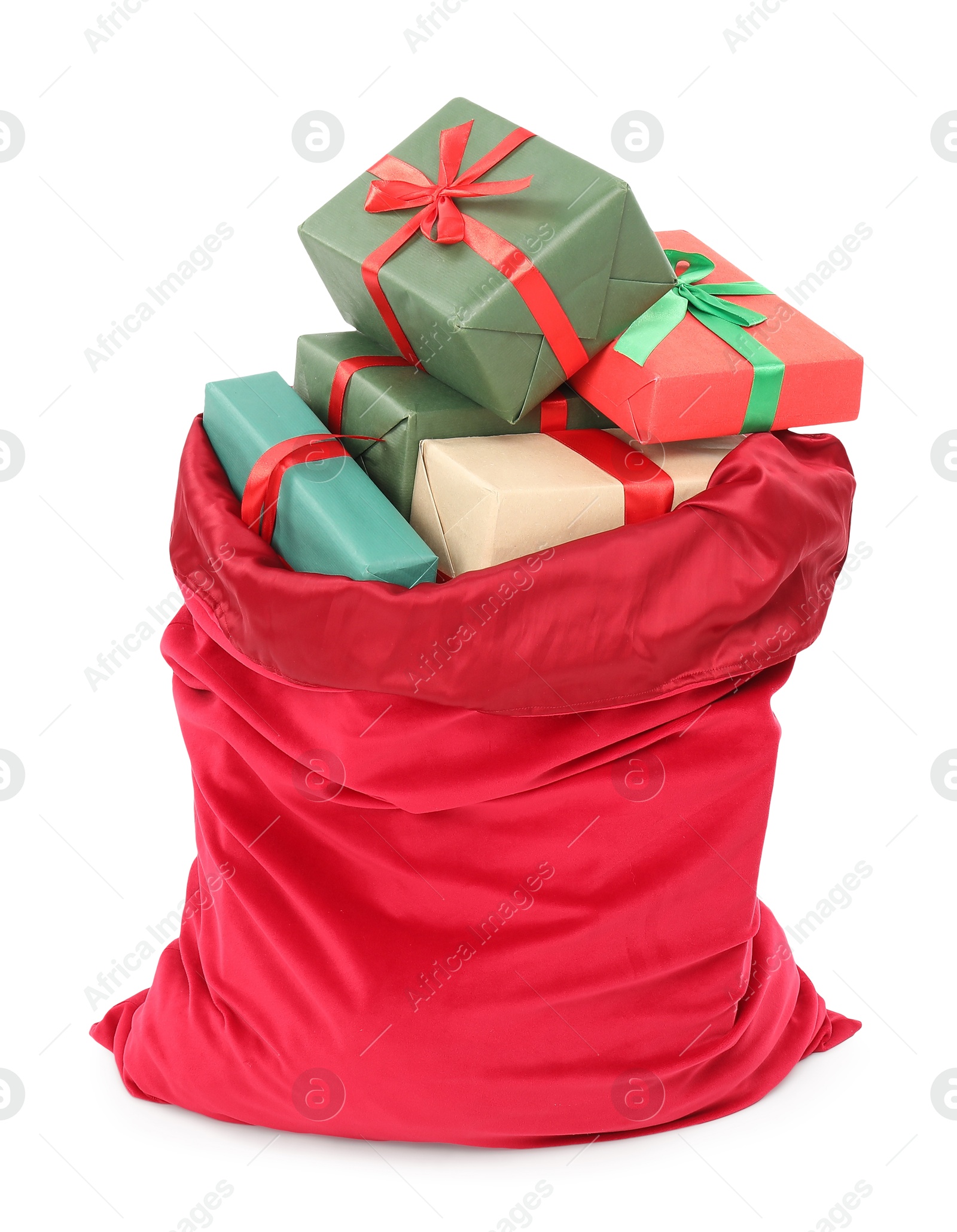 Photo of Santa Claus bag full of presents isolated on white