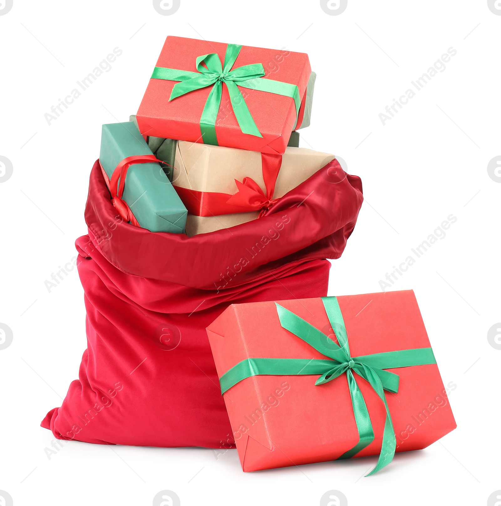 Photo of Santa Claus bag full of presents isolated on white