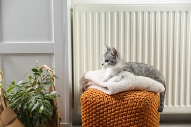 Photo of Cute little kitten on pouf near radiator at home