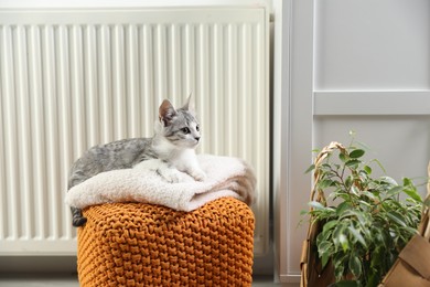 Photo of Cute little kitten on pouf near radiator at home