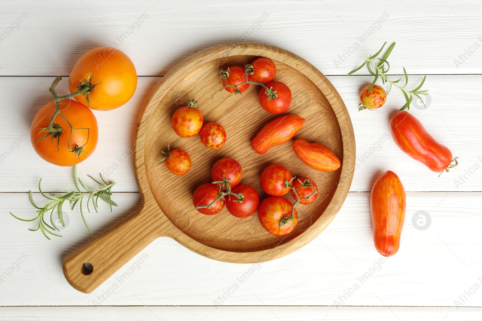 Photo of Different ripe tomatoes and rosemary on white wooden table, flat lay