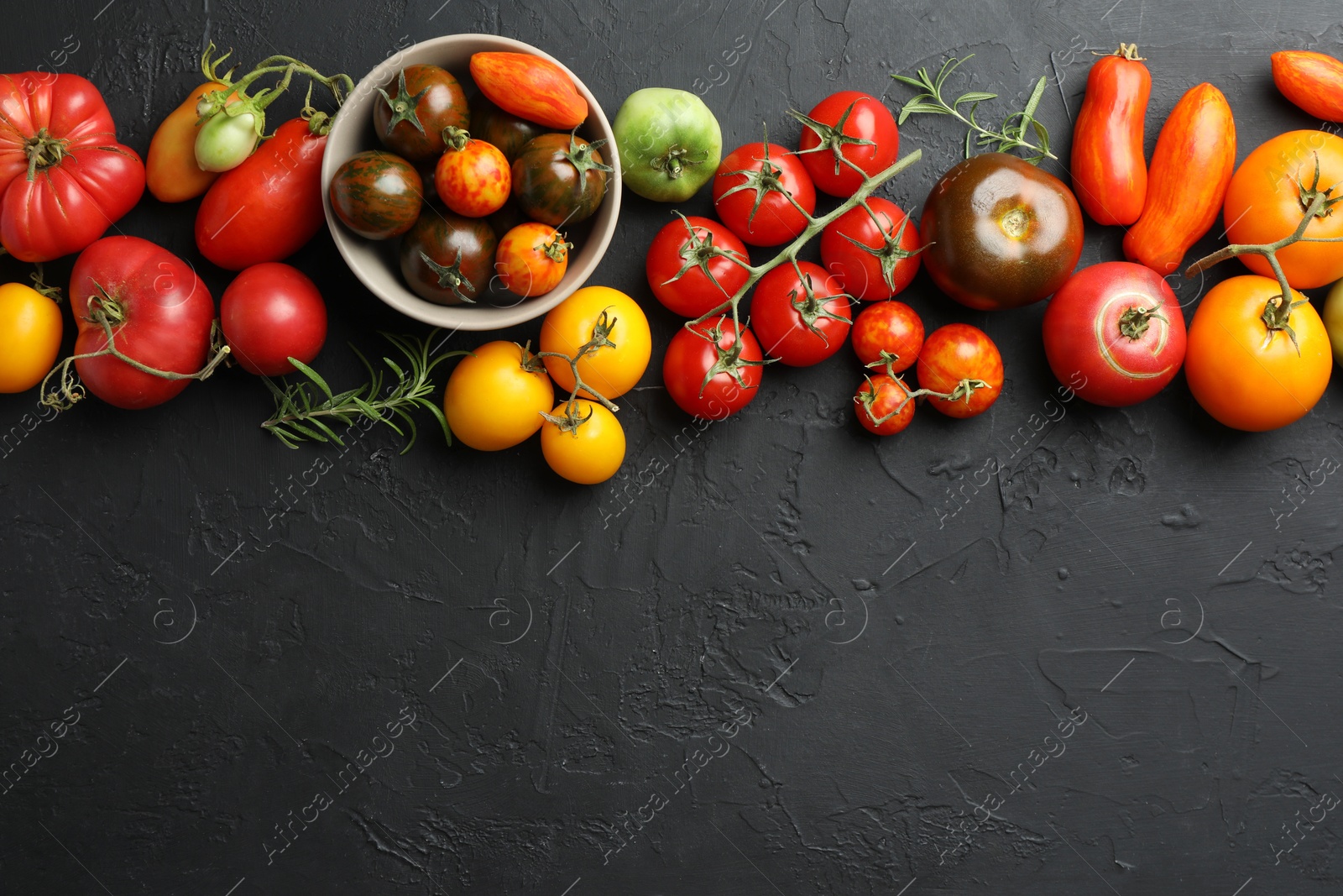 Photo of Different fresh tomatoes and rosemary on grey textured table, flat lay. Space for text