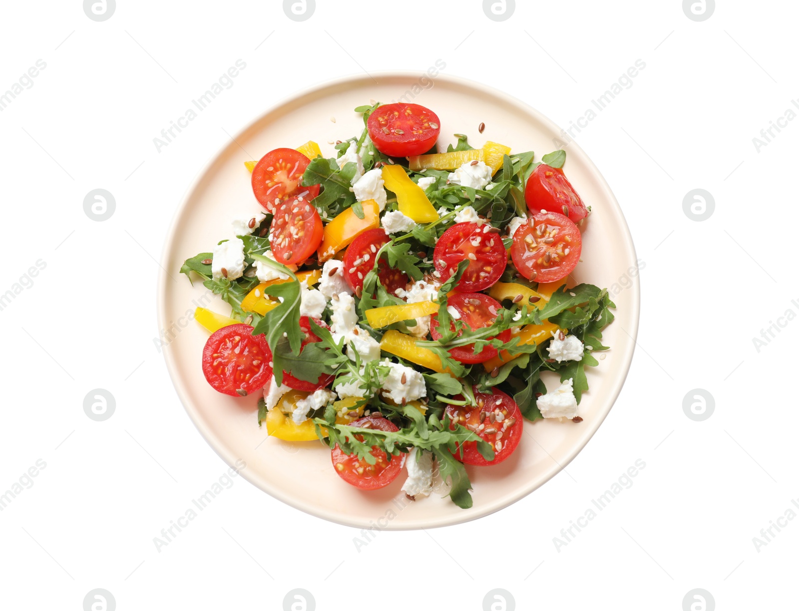 Photo of Tasty salad with arugula, cheese and vegetables isolated on white, top view