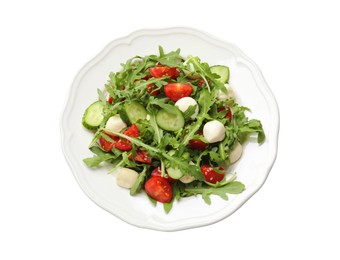 Photo of Tasty salad with arugula, mozzarella, tomatoes and cucumber isolated on white, top view