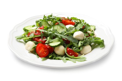 Photo of Tasty salad with arugula, mozzarella, tomatoes and cucumber isolated on white