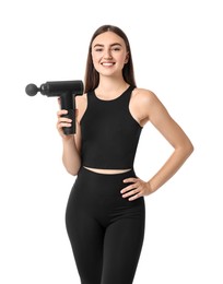 Photo of Young woman with percussive massager on white background