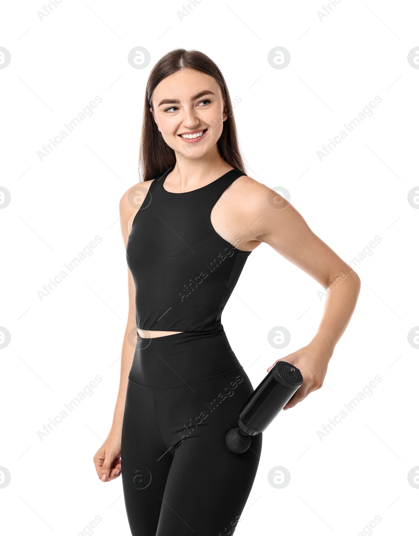 Photo of Woman using percussive massager to relieve hip muscles on white background