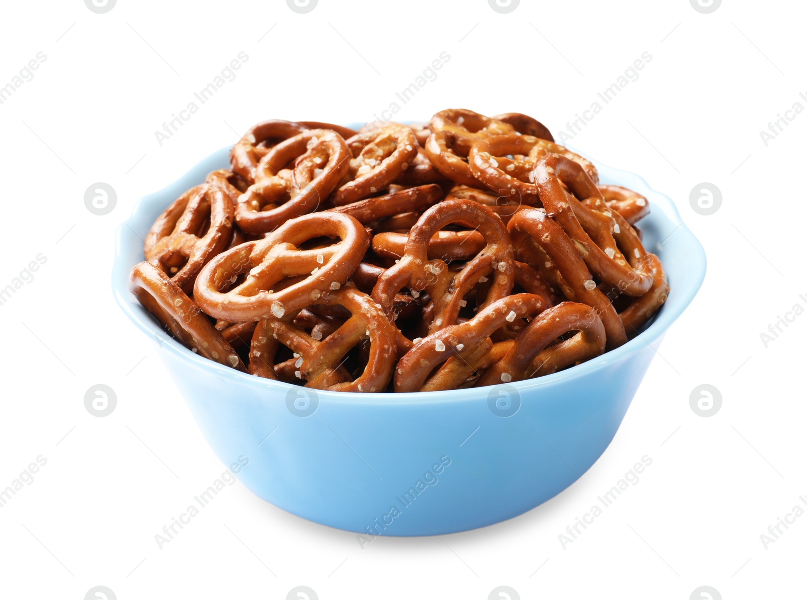 Photo of Delicious pretzel crackers in bowl isolated on white