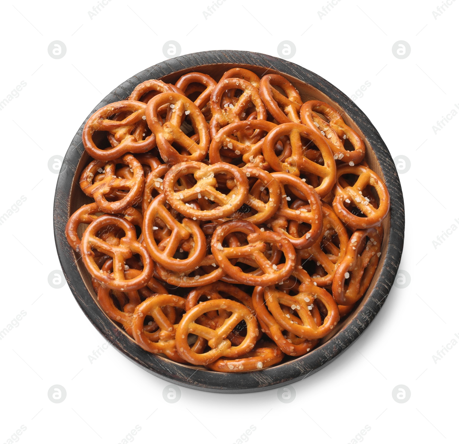 Photo of Delicious pretzel crackers in bowl isolated on white, top view