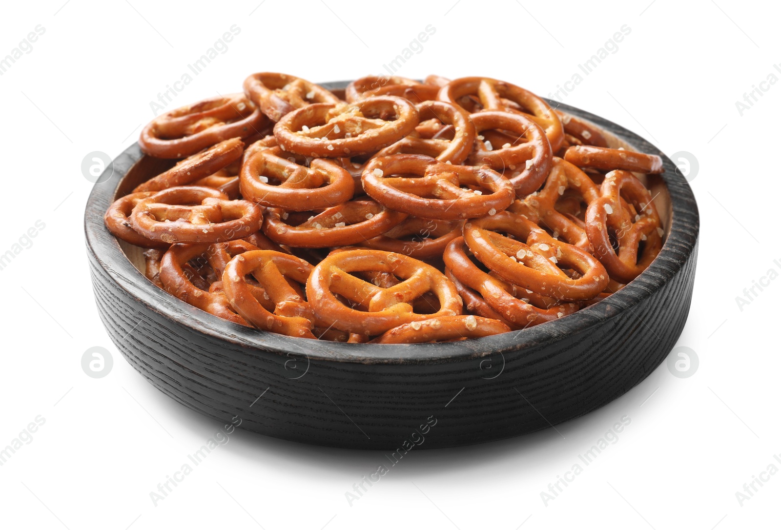 Photo of Delicious pretzel crackers in bowl isolated on white