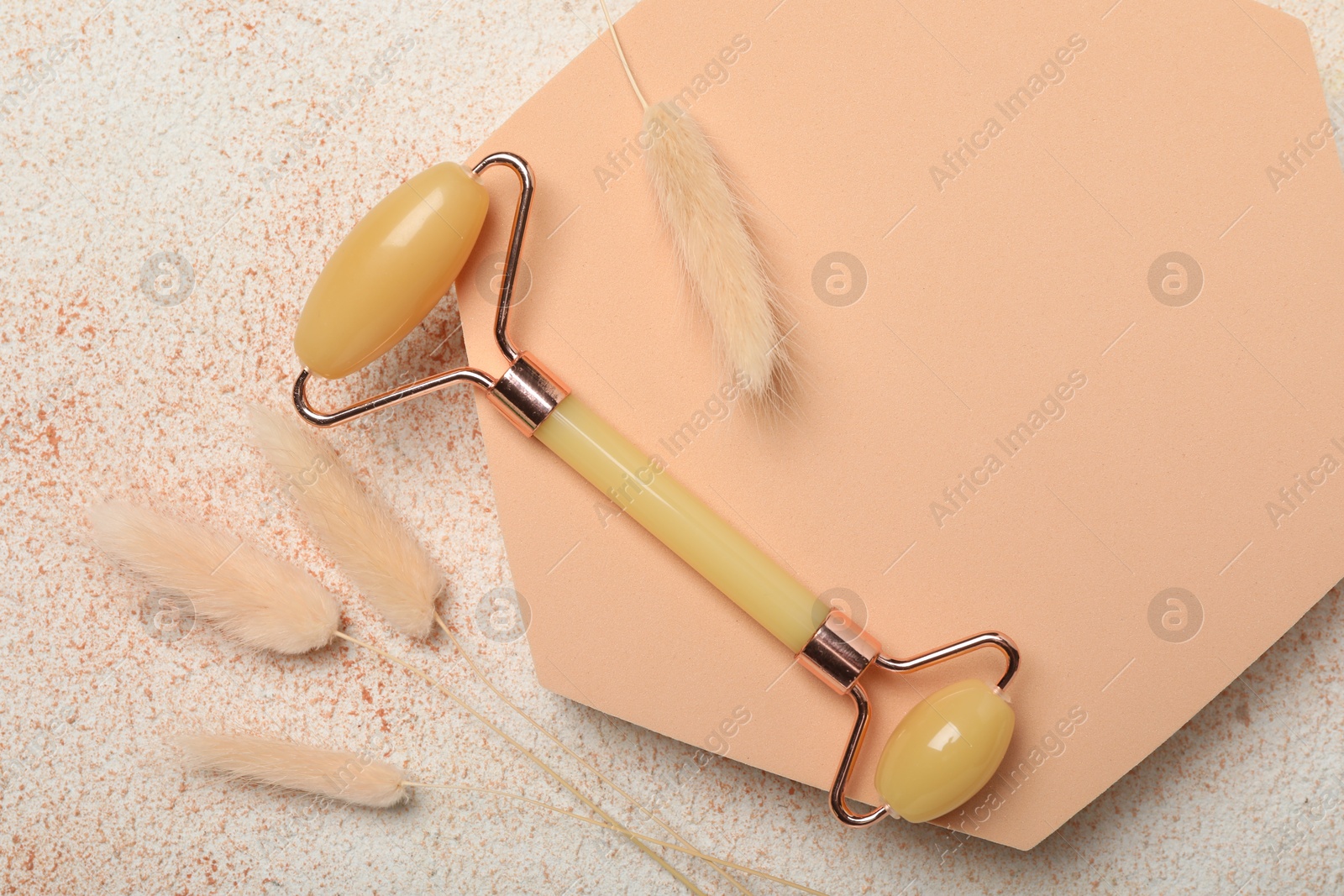 Photo of Face roller and dry spikes on beige textured background, flat lay