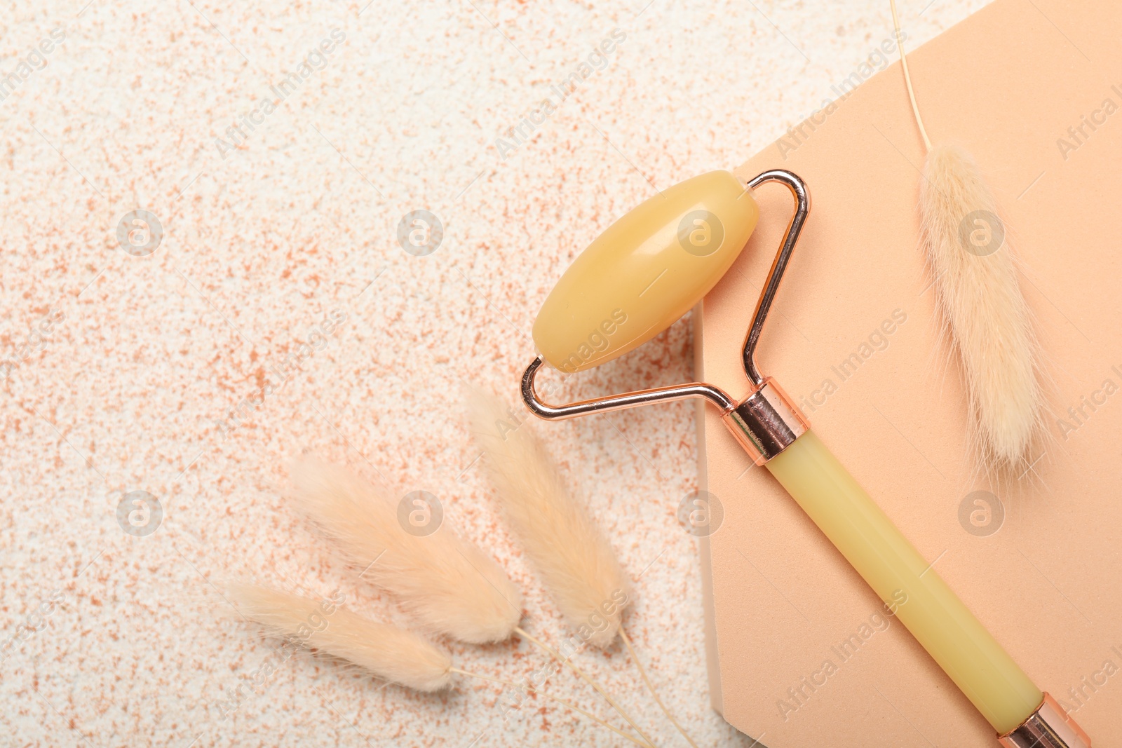 Photo of Face roller and dry spikes on beige textured background, flat lay. Space for text