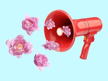 Image of Peony flowers flying out of red loudspeaker on light blue background