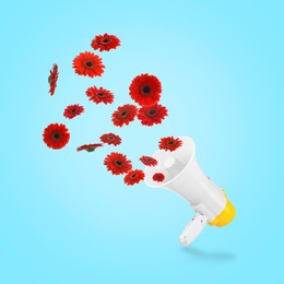 Image of Red gerbera flowers flying out of loudspeaker on light blue background