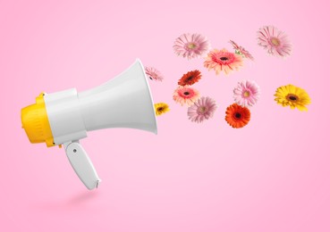 Image of Gerbera flowers flying out of loudspeaker on pink background