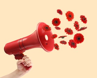 Image of Gerbera flowers flying out of red loudspeaker in woman's hand on beige background, closeup