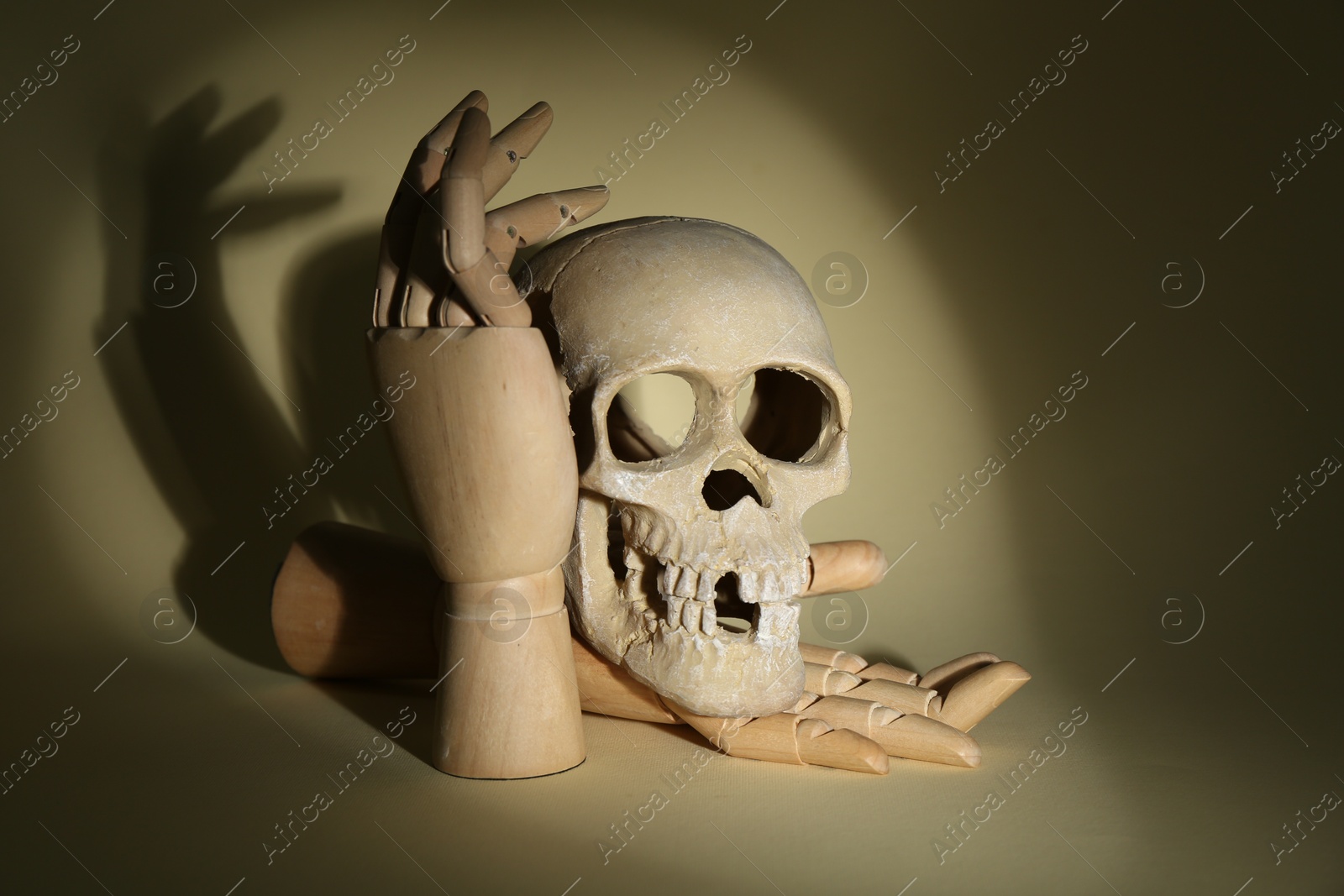 Photo of Wooden mannequin hands holding human skull on beige background