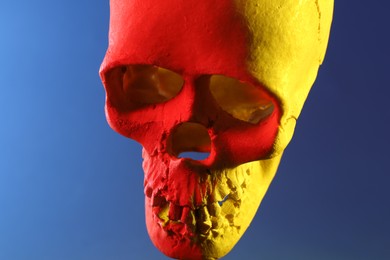 Photo of One old human skull on blue background, closeup