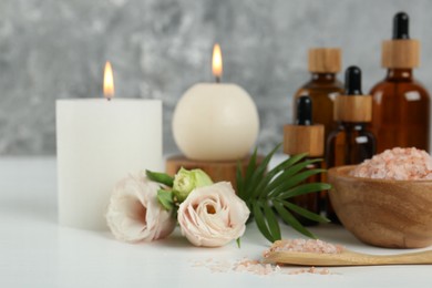 Photo of Spa composition with cosmetic products on white table